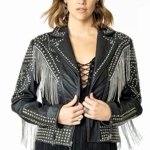 Double D Ranch Rhinestone Fringe Cowboy Leather Jacket beaded crystal RTL 1395 - Picture 9 of 14
